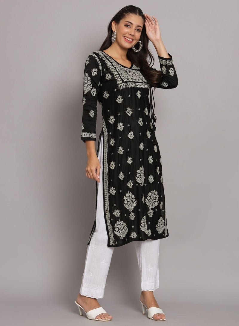 Alaya Hand Embroidered Chikankari Chanderi Angarkha Kurta With Mukaish Work-AL3672 - Image 3