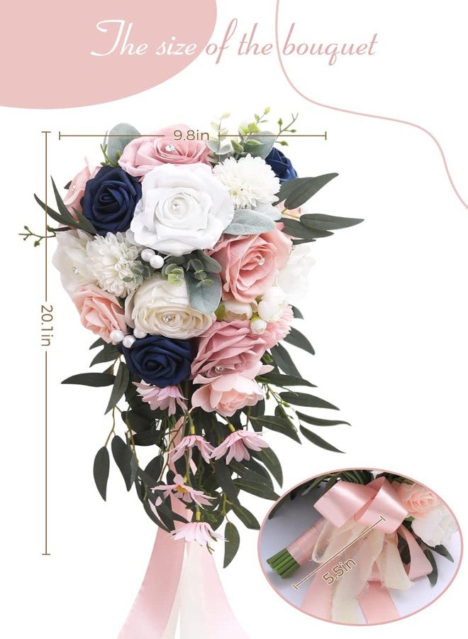 Serwalin 9.8 Inch Wedding Bouquets for Bride Bridesmaid, Pink Blue Rose Bridal Bouquets for Bride, Wedding Flowers Bouquet Tossing Bouquet, Wedding Ceremony and Anniversary Day Decor - Image 3