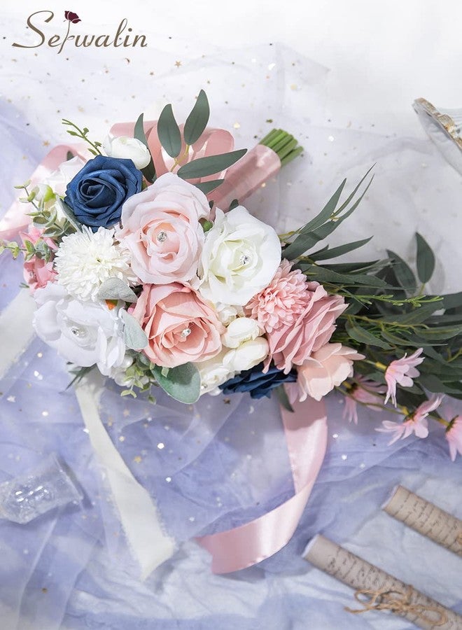 Serwalin 9.8 Inch Wedding Bouquets for Bride Bridesmaid, Pink Blue Rose Bridal Bouquets for Bride, Wedding Flowers Bouquet Tossing Bouquet, Wedding Ceremony and Anniversary Day Decor - Image 4