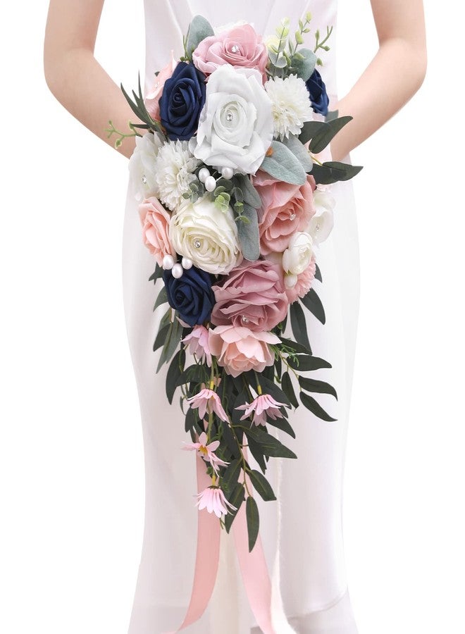 Serwalin 9.8 Inch Wedding Bouquets for Bride Bridesmaid, Pink Blue Rose Bridal Bouquets for Bride, Wedding Flowers Bouquet Tossing Bouquet, Wedding Ceremony and Anniversary Day Decor - Image 1