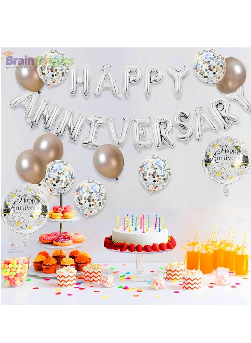 BrainGiggles BrainGiggles Happy Anniversary Decorations Set with Happy Anniversary Banner Balloons, 2 Round Floral Foil Balloons, 10 Silver and Confetti Latex Balloons - Image 5