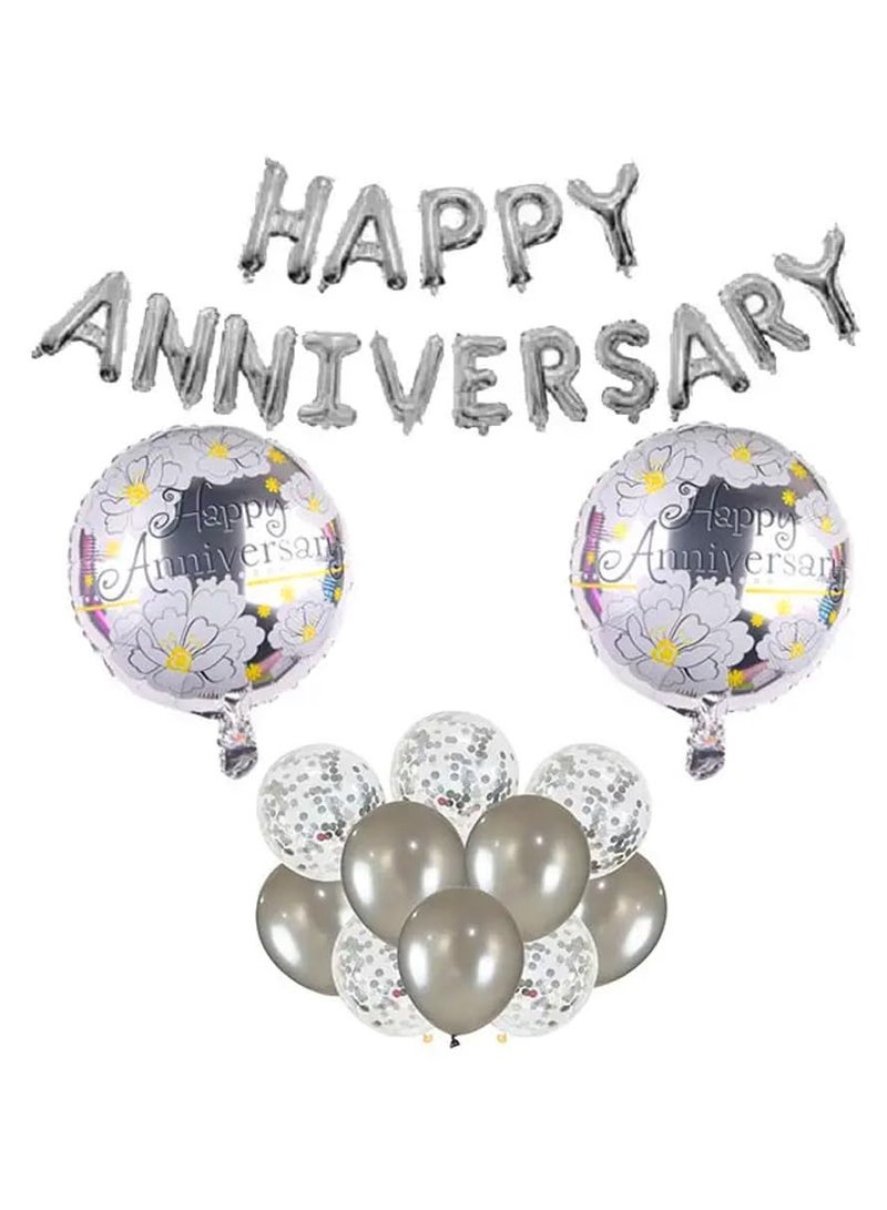 BrainGiggles BrainGiggles Happy Anniversary Decorations Set with Happy Anniversary Banner Balloons, 2 Round Floral Foil Balloons, 10 Silver and Confetti Latex Balloons - Image 1