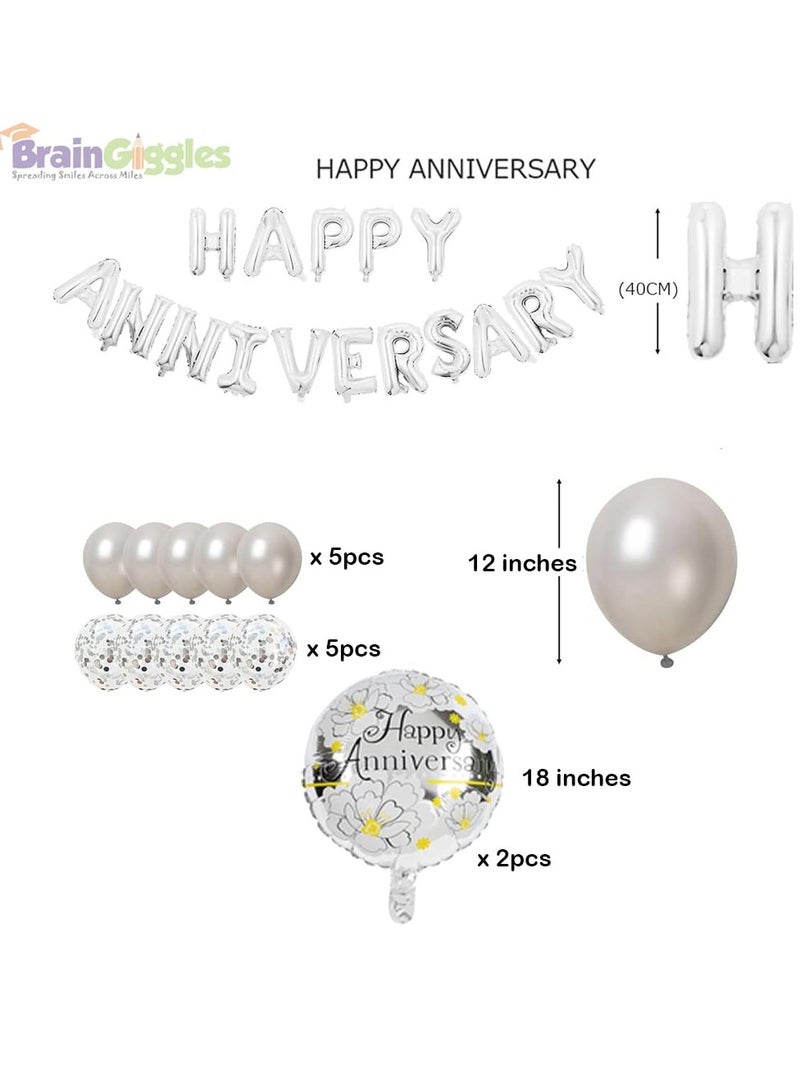 BrainGiggles BrainGiggles Happy Anniversary Decorations Set with Happy Anniversary Banner Balloons, 2 Round Floral Foil Balloons, 10 Silver and Confetti Latex Balloons - Image 2