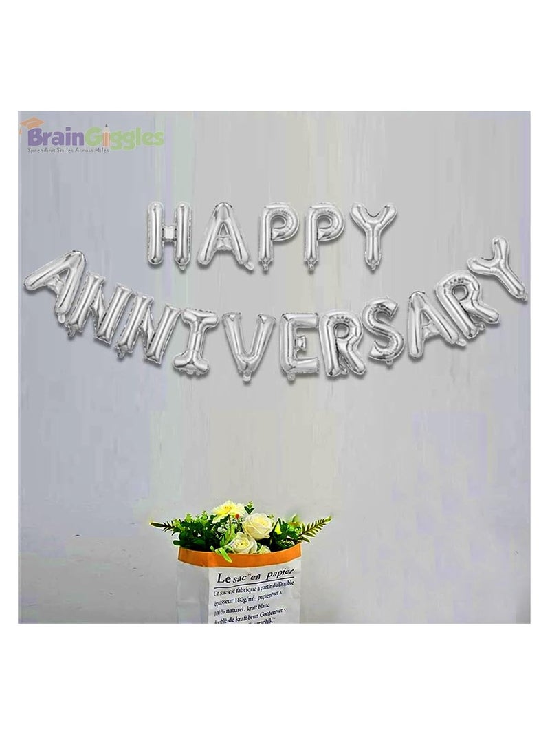 BrainGiggles BrainGiggles Happy Anniversary Decorations Set with Happy Anniversary Banner Balloons, 2 Round Floral Foil Balloons, 10 Silver and Confetti Latex Balloons - Image 3