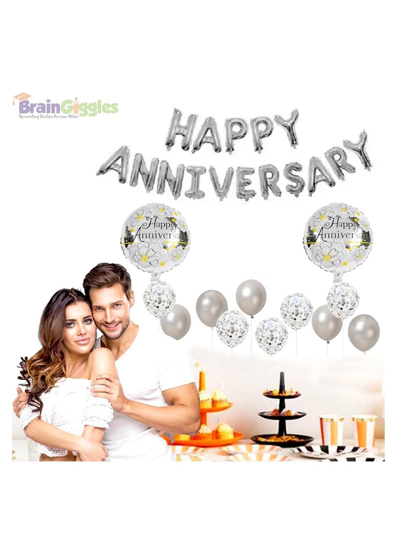 BrainGiggles BrainGiggles Happy Anniversary Decorations Set with Happy Anniversary Banner Balloons, 2 Round Floral Foil Balloons, 10 Silver and Confetti Latex Balloons - Image 4