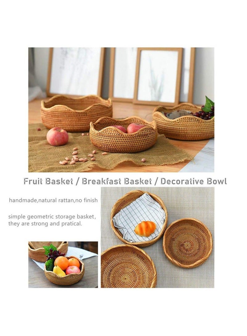 NIBEMINENT SYOSI Hand-woven Basket, Handmade Rattan Round Fruit Basket Serving Tray Bowl, Bread Food Storage Snack Bowl Boho Home Décor Display (10.2 Inch) - Image 4