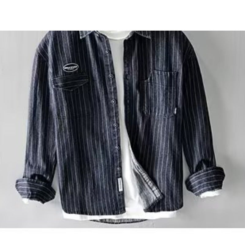 American Style Heavy Striped Denim Shirt Men's Long Sleeve 2023 New Loose Workwear Shirt Men's Spring and Autumn Coat Men - Image 1