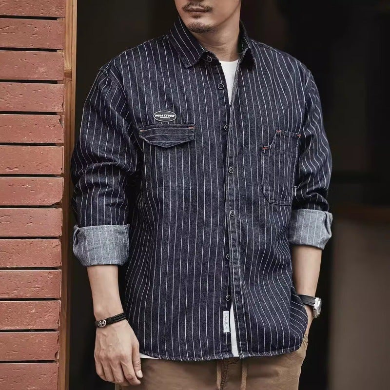 American Style Heavy Striped Denim Shirt Men's Long Sleeve 2023 New Loose Workwear Shirt Men's Spring and Autumn Coat Men - Image 5