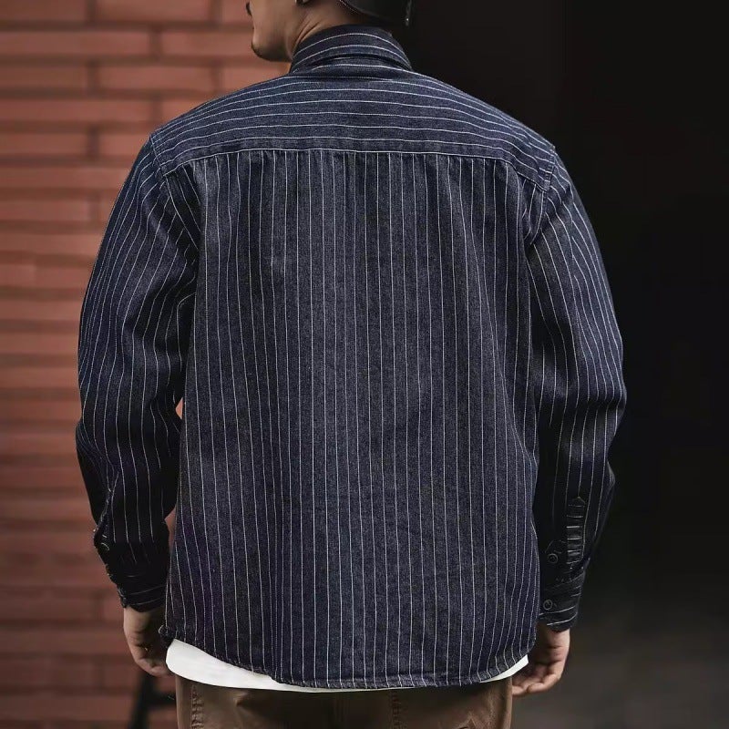 American Style Heavy Striped Denim Shirt Men's Long Sleeve 2023 New Loose Workwear Shirt Men's Spring and Autumn Coat Men - Image 4