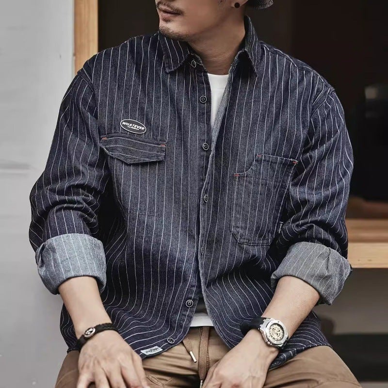 American Style Heavy Striped Denim Shirt Men's Long Sleeve 2023 New Loose Workwear Shirt Men's Spring and Autumn Coat Men - Image 3