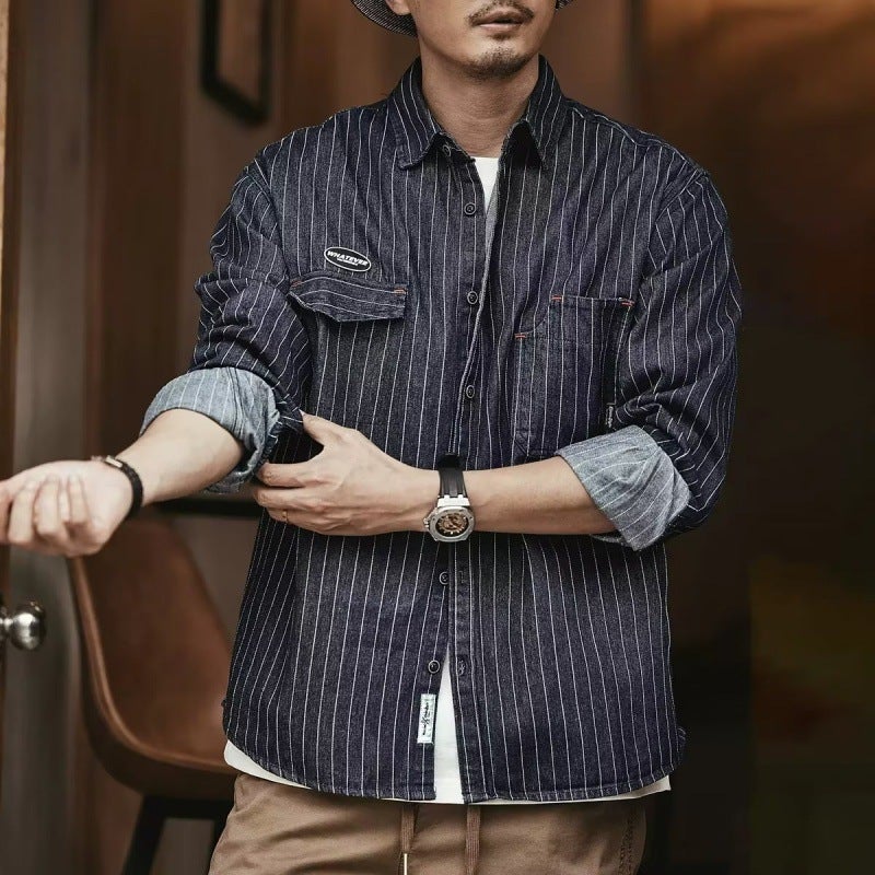 American Style Heavy Striped Denim Shirt Men's Long Sleeve 2023 New Loose Workwear Shirt Men's Spring and Autumn Coat Men - Image 2