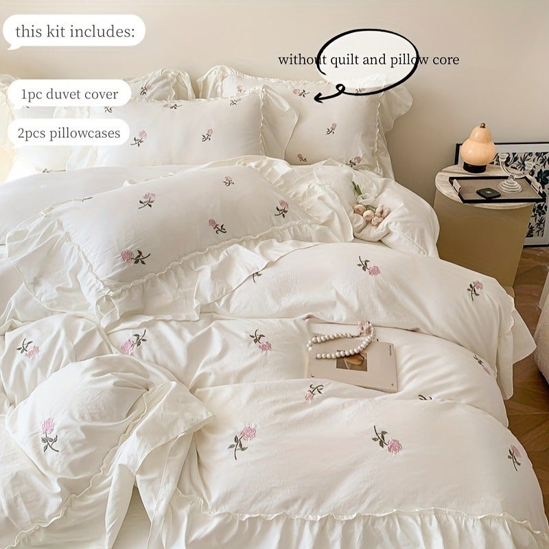 3pcs Bedding with Elegant Embroidered Pink Rose Duvet Cover and Pillowcases - Image 1