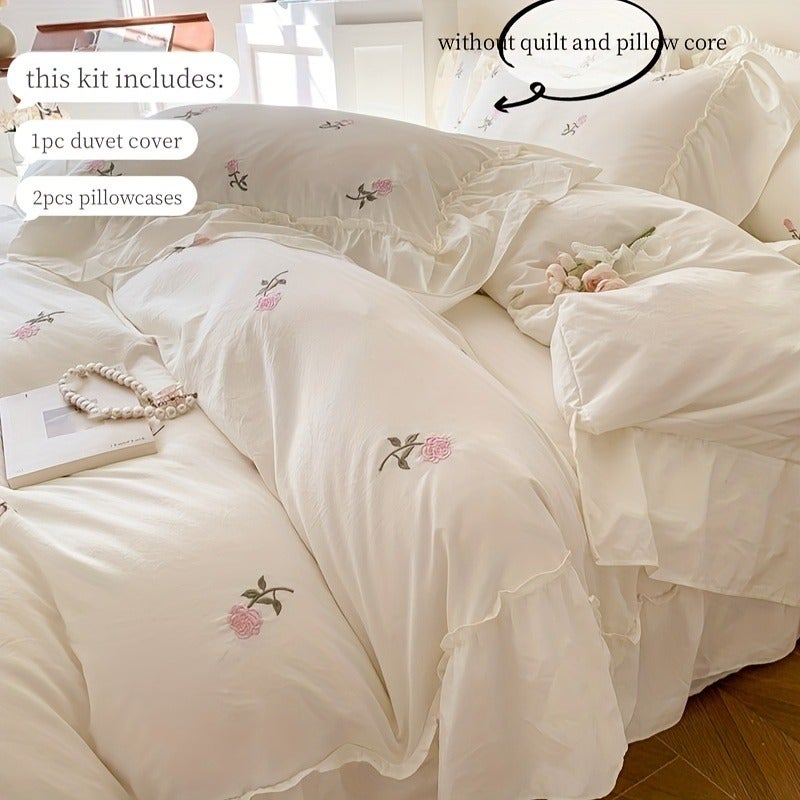 3pcs Bedding with Elegant Embroidered Pink Rose Duvet Cover and Pillowcases - Image 2