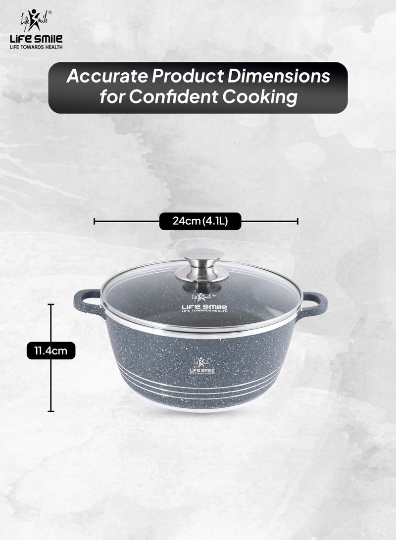 Life Smile 24cm (4.1 Liter) LIFE SMILE Non-Stick Cooking Pot | Aluminum Soup Pot With Glass Lid | 100% PFOA Free, Fixed Handle | Multi Layer Non-Stick Granite Coating | Oven safe Cookwares  - Image 3