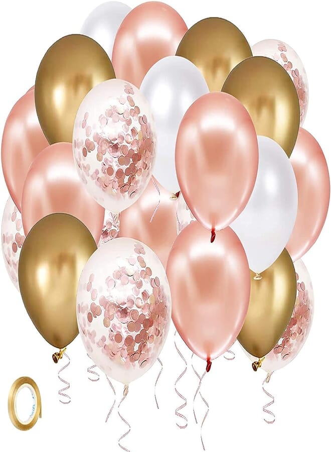 Secret Rose Gold Confetti Latex Balloons 60 Pack White Gold Balloon 12 inch Birthday Balloons with Gold Ribbon for Party Wedding Bridal Shower Decorations