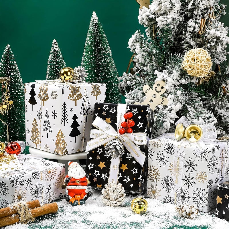 MAYPLUSS Wrapping Paper Roll - Mini Roll - 17 inch X 120 inch Per roll - 3 Different Christmas Black Gold Design (42.3 sq.ft.ttl) - Image 4