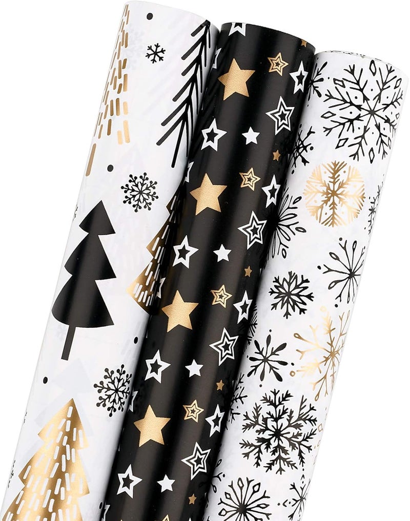 MAYPLUSS Wrapping Paper Roll - Mini Roll - 17 inch X 120 inch Per roll - 3 Different Christmas Black Gold Design (42.3 sq.ft.ttl) - Image 1
