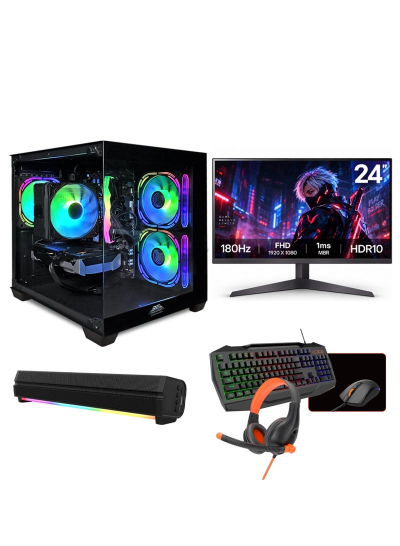 عرب جيمرز حزمة كمبيوتر ألعاب متكاملة مع Intel Core i5-12400F، بطاقة رسومات NVIDIA GeForce RTX 5060 Ti 8GB، ذاكرة وصول عشوائي 16GB، قرص NVMe SSD سعة 1TB، شاشة FHD 180Hz بحجم 24 بوصة، لوحة مفاتيح، ماوس، سماعة رأس، ومكبر صوت RGB - ويندوز 11 برو، أسود - Image 1