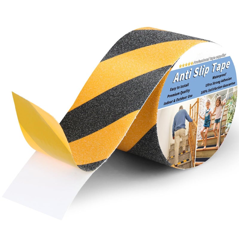 شريط أمان مضاد للانزلاق لدرجات السلالم - سطح غير قابل للانزلاق، احتكاك عالي، قبضة قوية، شريط تحذير من المخاطر لاصق كاشط (أسود وأصفر، عرض 4 بوصات × طول 16.4 قدمًا) - Image 1