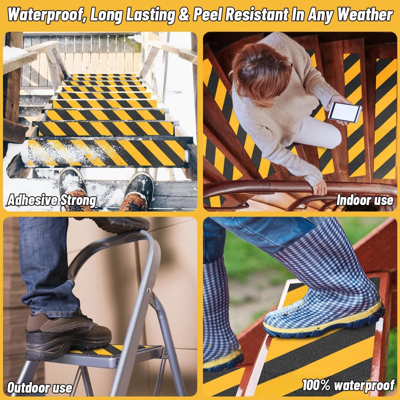 شريط أمان مضاد للانزلاق لدرجات السلالم - سطح غير قابل للانزلاق، احتكاك عالي، قبضة قوية، شريط تحذير من المخاطر لاصق كاشط (أسود وأصفر، عرض 4 بوصات × طول 16.4 قدمًا) - Image 5