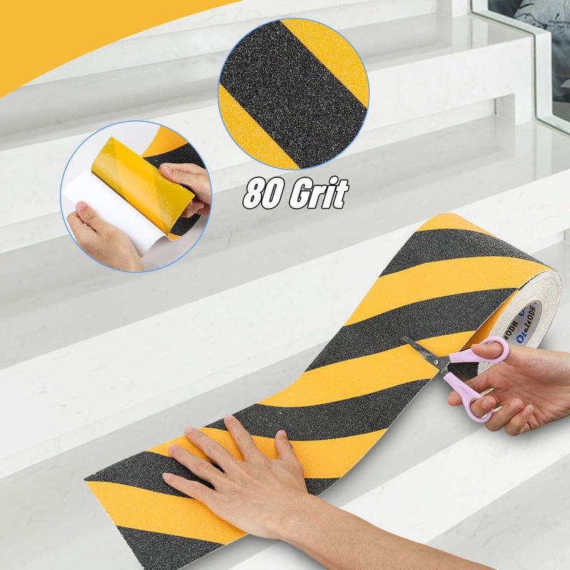 شريط أمان مضاد للانزلاق لدرجات السلالم - سطح غير قابل للانزلاق، احتكاك عالي، قبضة قوية، شريط تحذير من المخاطر لاصق كاشط (أسود وأصفر، عرض 4 بوصات × طول 16.4 قدمًا) - Image 3