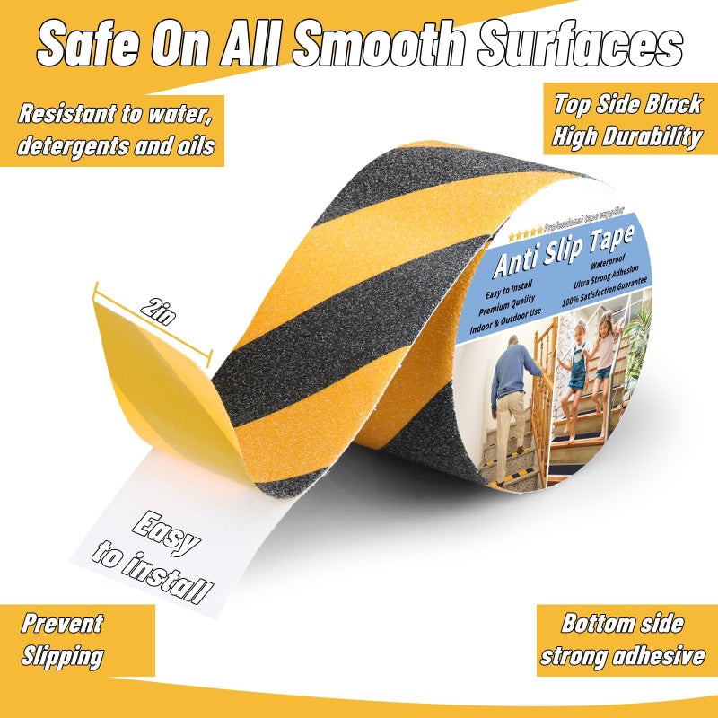 شريط أمان مضاد للانزلاق لدرجات السلالم - سطح غير قابل للانزلاق، احتكاك عالي، قبضة قوية، شريط تحذير من المخاطر لاصق كاشط (أسود وأصفر، عرض 4 بوصات × طول 16.4 قدمًا) - Image 2