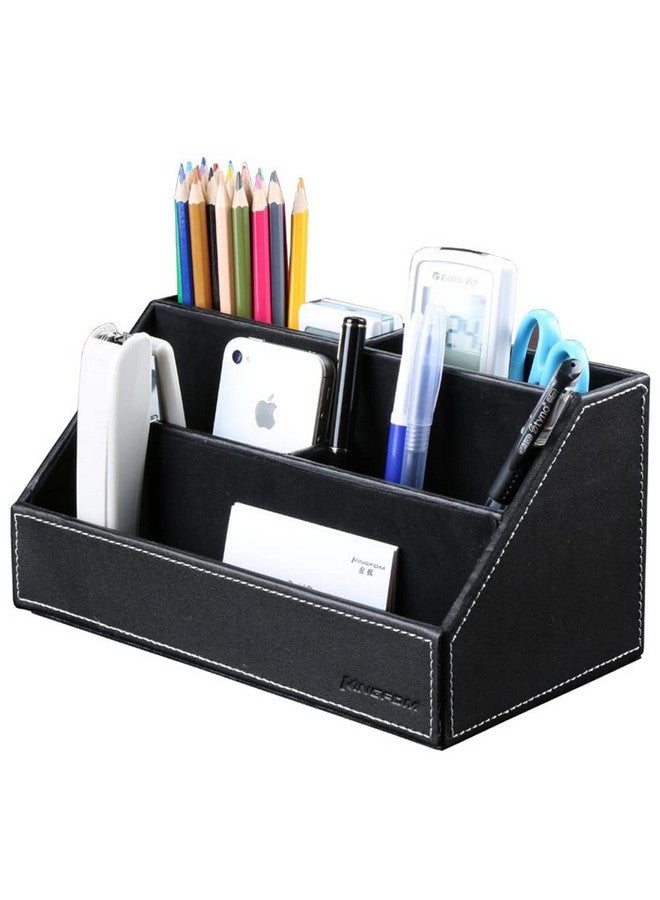 KINGFOM Pu Leather Desk Organizer With 5 Compartments Holder, Multi-Functional Office Supplies Storage Caddy For Pen/Pencil, Phones, Remote Controller And Desktop Accessorie Black - Image 1