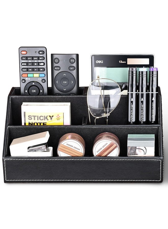 KINGFOM Pu Leather Desk Organizer With 5 Compartments Holder, Multi-Functional Office Supplies Storage Caddy For Pen/Pencil, Phones, Remote Controller And Desktop Accessorie Black - Image 2