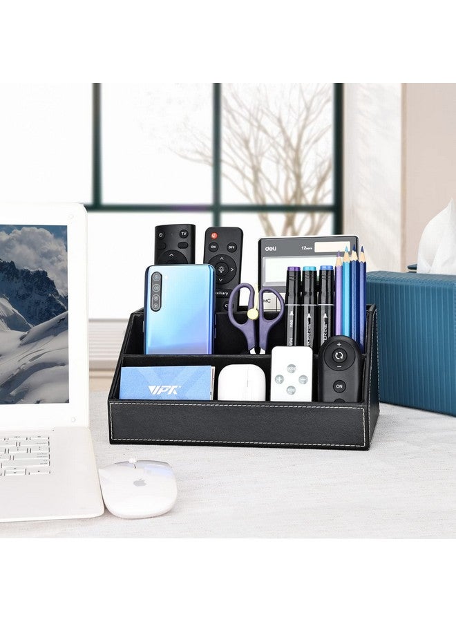 KINGFOM Pu Leather Desk Organizer With 5 Compartments Holder, Multi-Functional Office Supplies Storage Caddy For Pen/Pencil, Phones, Remote Controller And Desktop Accessorie Black - Image 5