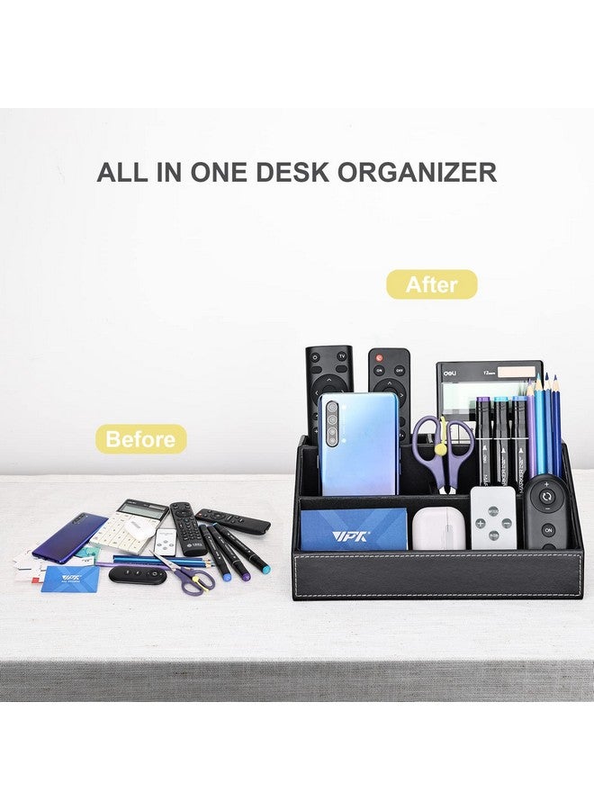 KINGFOM Pu Leather Desk Organizer With 5 Compartments Holder, Multi-Functional Office Supplies Storage Caddy For Pen/Pencil, Phones, Remote Controller And Desktop Accessorie Black - Image 4
