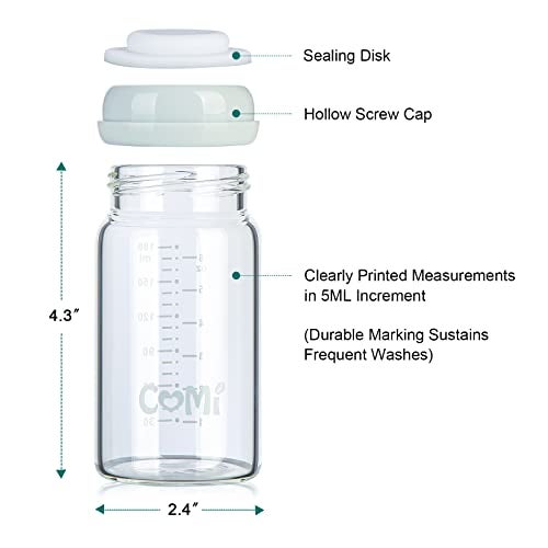 COMI Wide Neck Glass Breastmilk Collection n Storage Bottle, 8oz with Screw Ring Sealing Disk; Re-markable Sealing Disc. BPA Free, Fits Breast Pumps & Nipples (4 Pink Lids) - Image 3