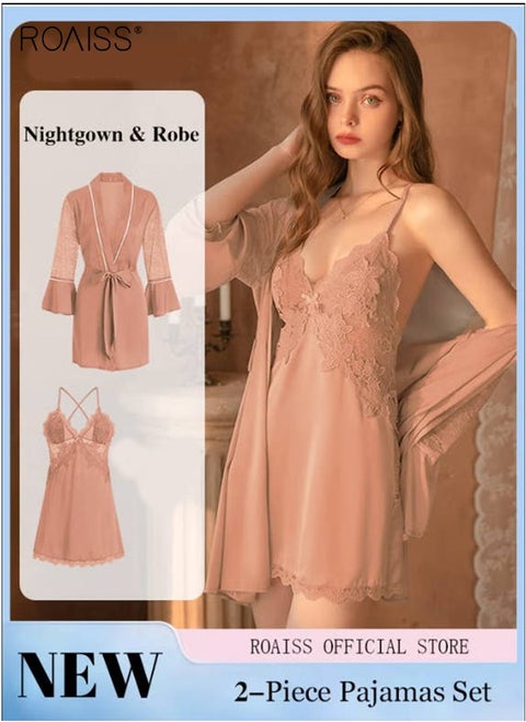 2-Piece Set of Women Pajamas with V-Neck Design Women Home Wear Set Same Color Outer Robe and Lace Element Nightgown