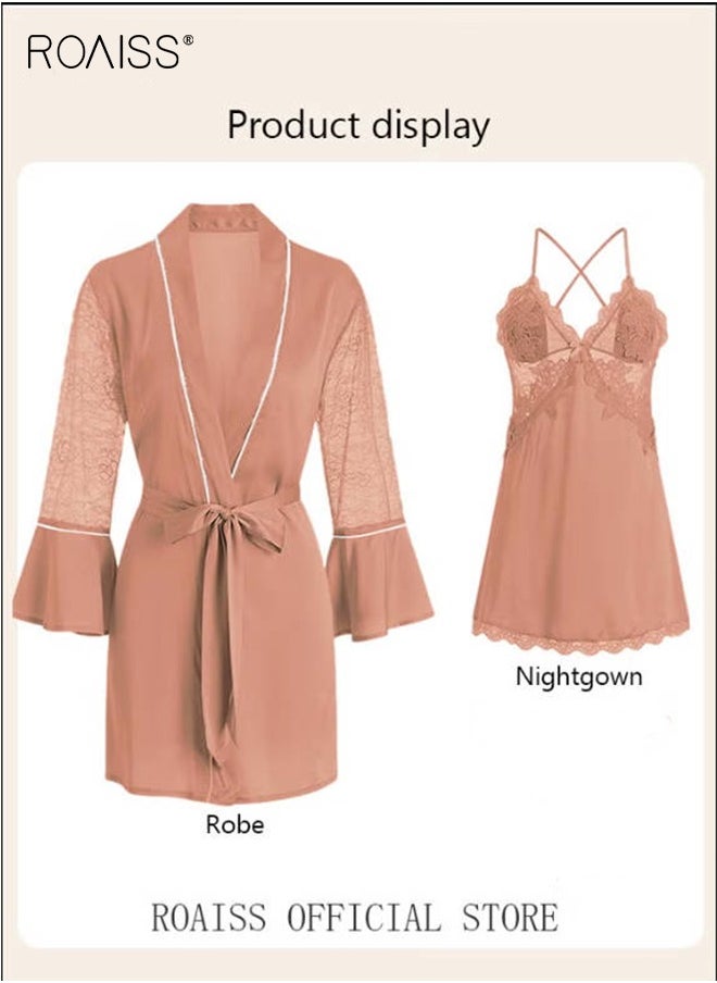 2-Piece Set of Women Pajamas with V-Neck Design Women Home Wear Set Same Color Outer Robe and Lace Element Nightgown