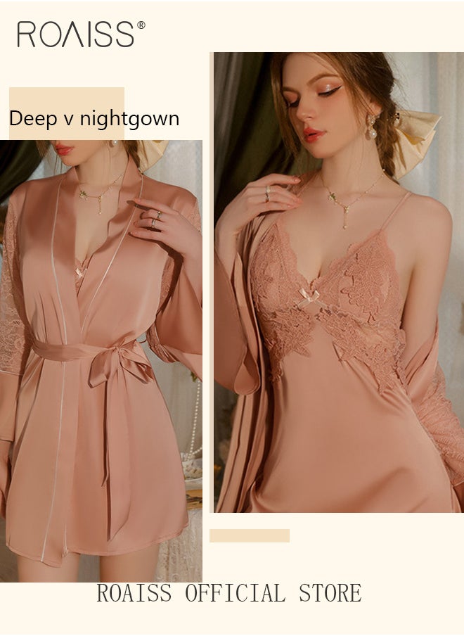 2-Piece Set of Women Pajamas with V-Neck Design Women Home Wear Set Same Color Outer Robe and Lace Element Nightgown