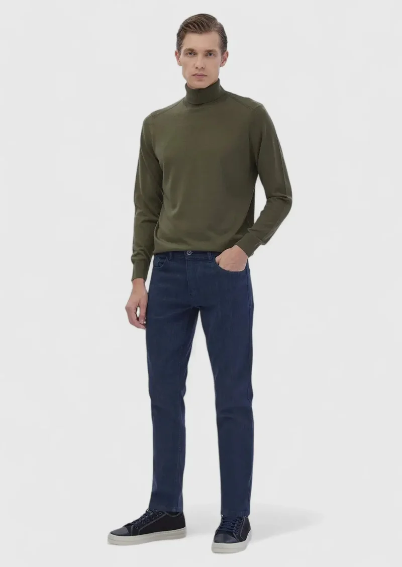 RAMSEY Blue Slim Fit Denim Cotton Blended Trousers