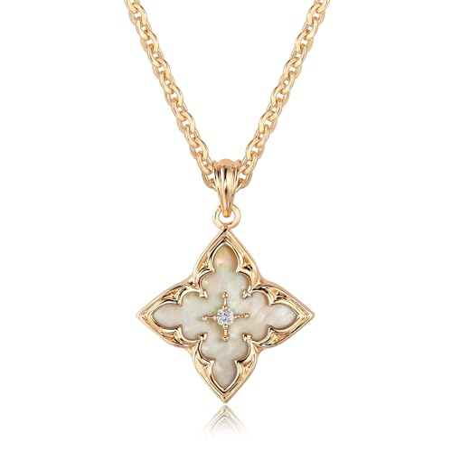 Fettero Gold Clover Necklace for Women Dainty 14K Gold Plated CZ Pendant Necklace Charm Colorful Clover Pendant Lucky Necklaces for Women Jewelry - White Mother of Pearl - Image 1