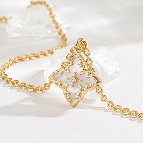 Fettero Gold Clover Necklace for Women Dainty 14K Gold Plated CZ Pendant Necklace Charm Colorful Clover Pendant Lucky Necklaces for Women Jewelry - White Mother of Pearl - Image 4