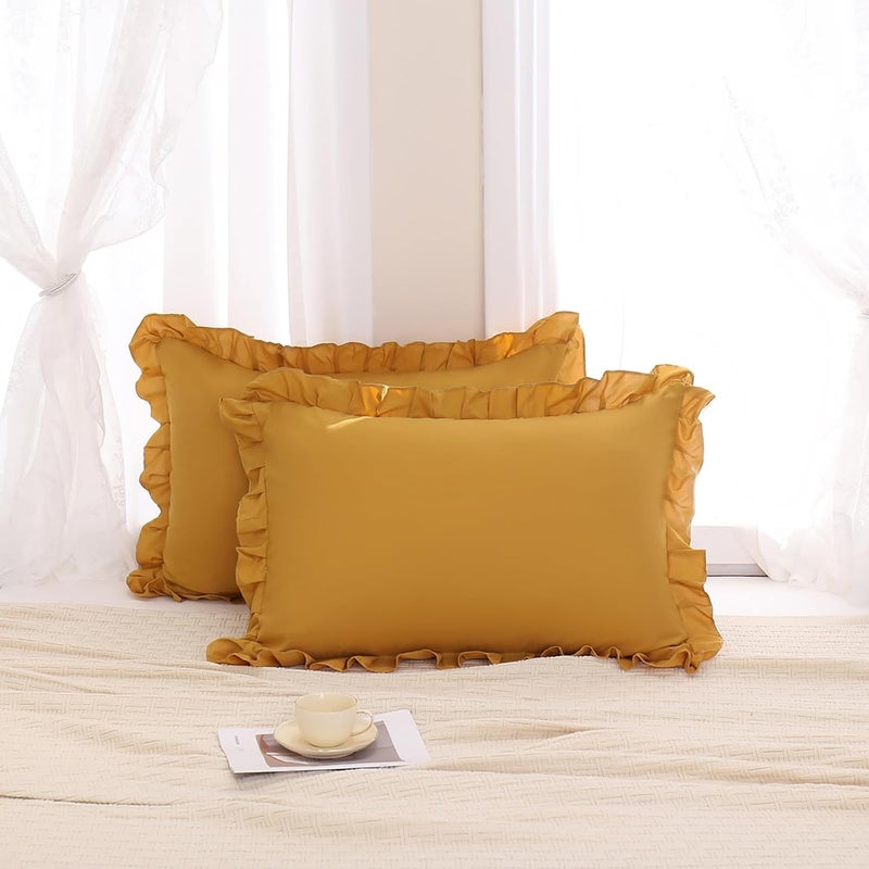 Merryword Mustard Yellow Pillowcases Standard Pillowcases 20x26inch Set of 2 Ruffle Pillow Shams Cute Pillow Covers Solid Yellow Shabby Chic Pillowcases - Image 3
