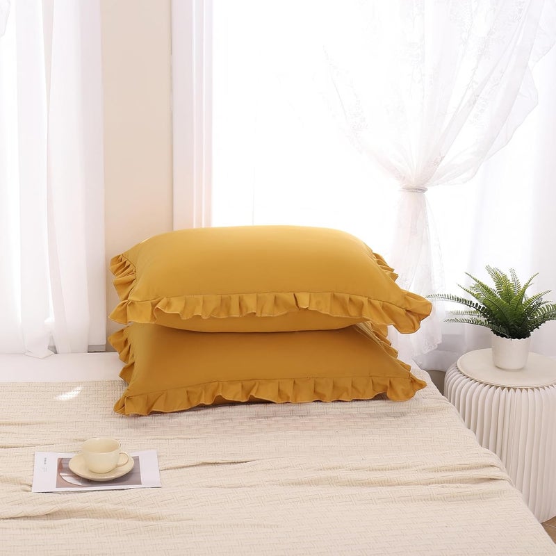 Merryword Mustard Yellow Pillowcases Standard Pillowcases 20x26inch Set of 2 Ruffle Pillow Shams Cute Pillow Covers Solid Yellow Shabby Chic Pillowcases - Image 2