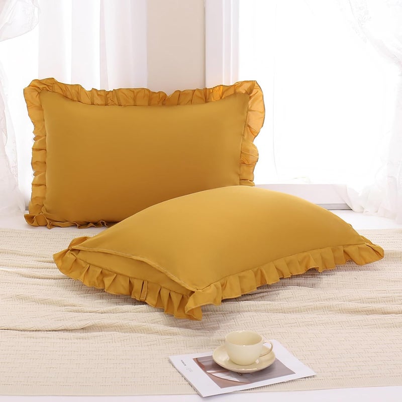 Merryword Mustard Yellow Pillowcases Standard Pillowcases 20x26inch Set of 2 Ruffle Pillow Shams Cute Pillow Covers Solid Yellow Shabby Chic Pillowcases - Image 4