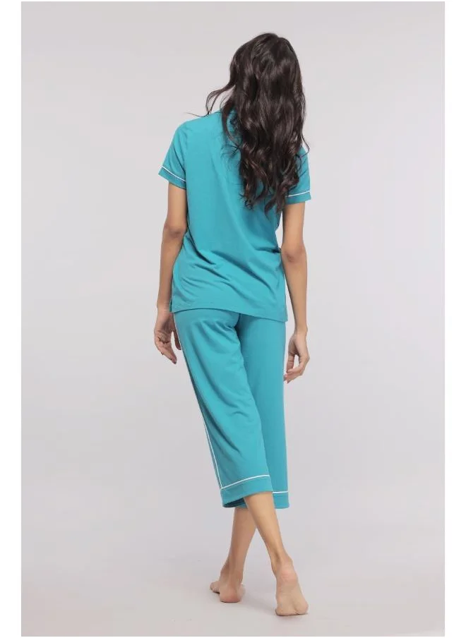 نسيسيرا Teal With White Piping Capri Set