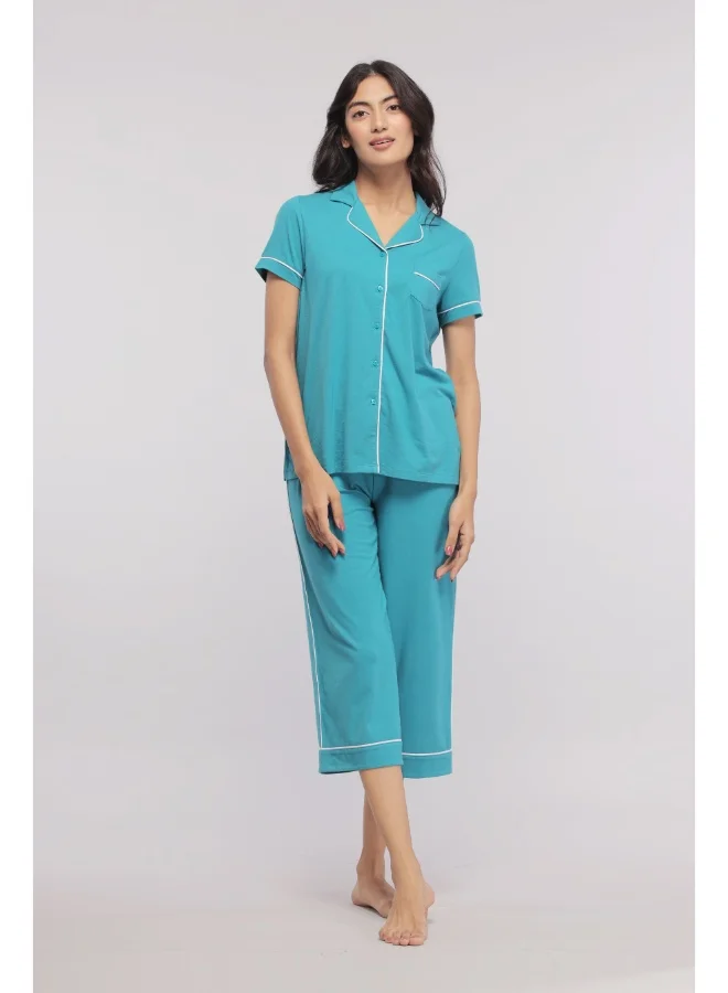 NeceSera Teal With White Piping Capri Set
