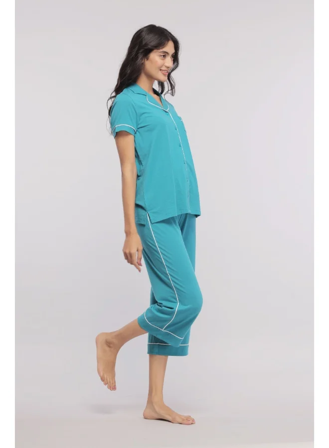 NeceSera Teal With White Piping Capri Set