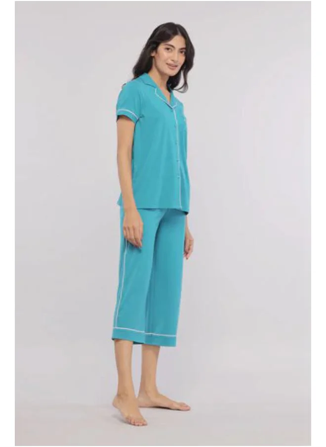 نسيسير Teal With White Piping Capri Set