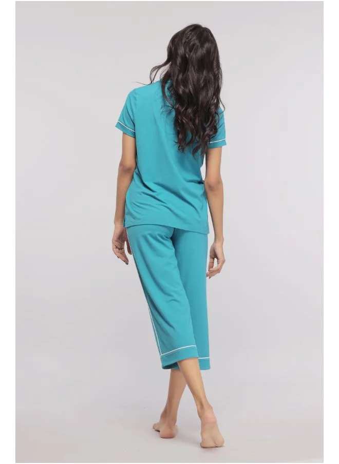 نسيسير Teal With White Piping Capri Set