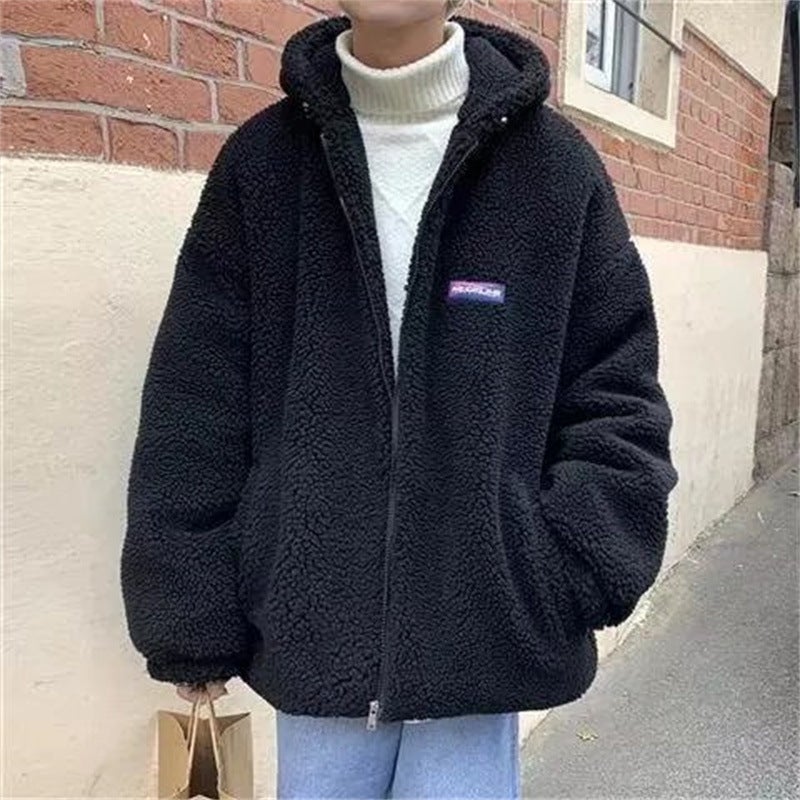 Mens Fleece Jacket Hood Thickened Cotton Coat Korean Style Ins Loose-fit Winter Youth Casual Zip-up Cotton-padded Coat D23 cashmere coat Black 