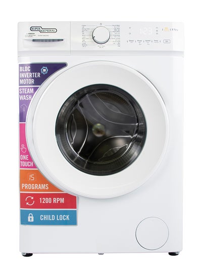 SUPER GENERAL 7.5kg Front Load Washing Machine, 1200 RPM, 15 Washing Programs, Inverter Motor, Quick Wash, Child Lock 7.5 kg SGW7560INV White