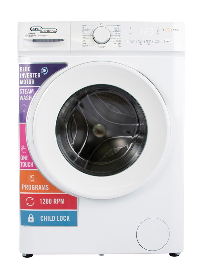 SUPER GENERAL 7.5kg Front Load Washing Machine, 1200 RPM, 15 Washing Programs, Inverter Motor, Quick Wash, Child Lock 7.5 kg SGW7560INV White - Image 1
