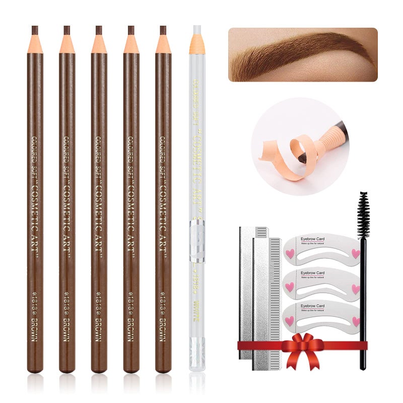 LSxia Waterproof Eye-Brow Pen-cil Set, Pull Cord Peel-off Eyebrow Pencil Microblading Pen Supplies Kit, White Eye-Liner Pencil and Eyebrows Tool Tattoo Makeup For Marking (5+1 Light Brown) - Image 1