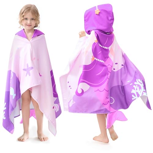UOMNY Kids Beach Towels-Hooded Towel for Kids 30" x 50" for 3-10 Years,Pool Ponchos for Kids with Hood,Girls Beach Towel,Mermaid - Image 1